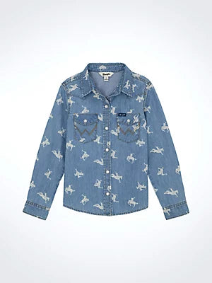 Wrangler Girls Printed Denim Western Snap Shirt