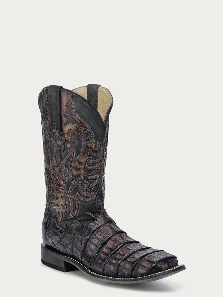 Corral Men's Caiman Embroidery and Overlay Chocolate Wide Square Toe Cowboy Boot