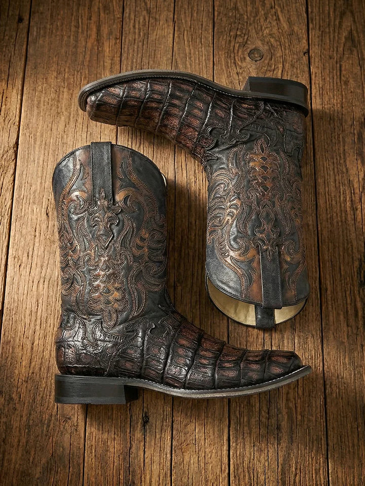Corral Men's Caiman Embroidery and Overlay Chocolate Wide Square Toe Cowboy Boot