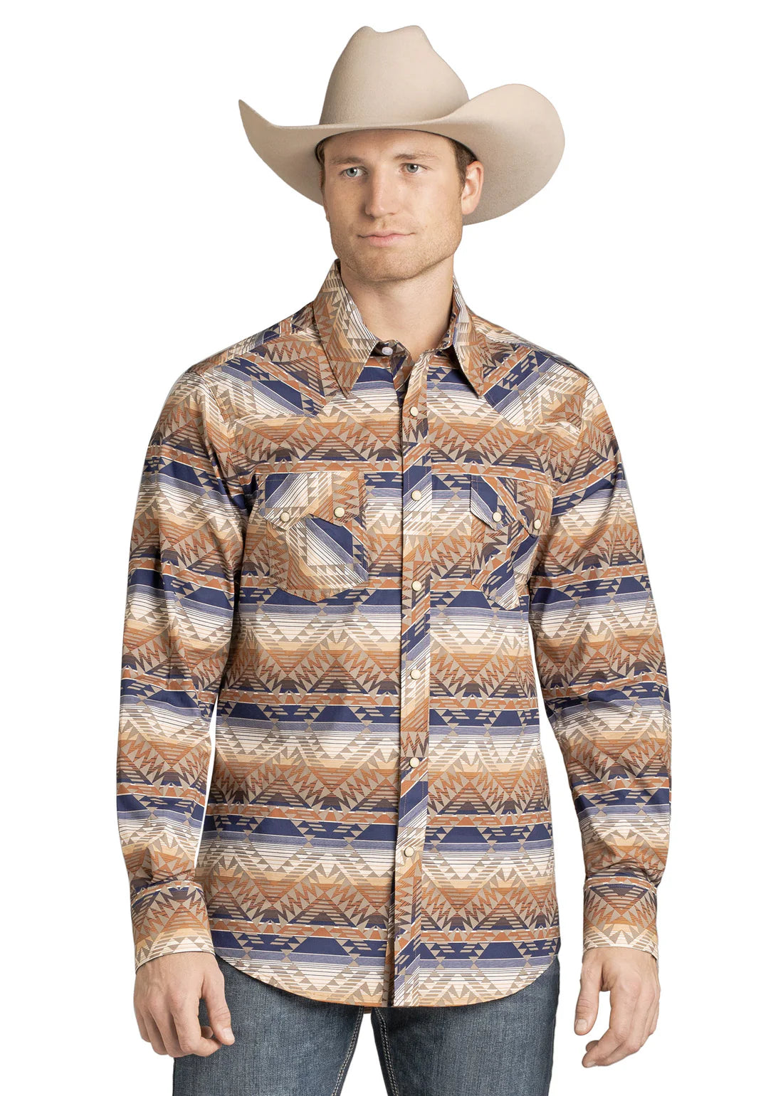 Rock & Roll Denim Men's Slim Fit Tan & Blue Striped Aztec Long-Sleeve Snap Shirt