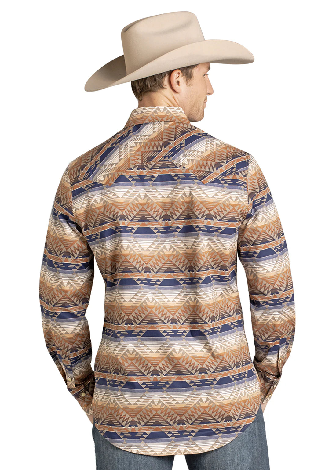 Rock & Roll Denim Men's Slim Fit Tan & Blue Striped Aztec Long-Sleeve Snap Shirt