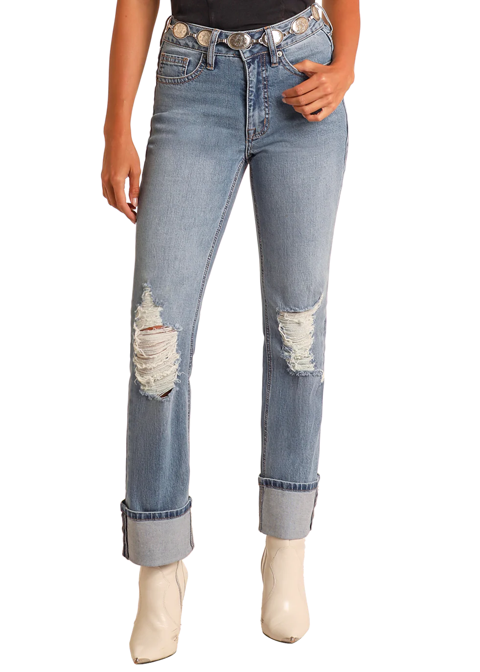 Rock & Roll Denim Women's Mid Rise Distressed Modest Bootcut Jeans