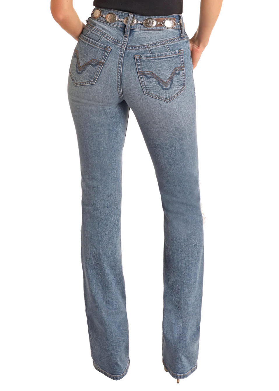 Rock & Roll Denim Women's Mid Rise Distressed Modest Bootcut Jeans