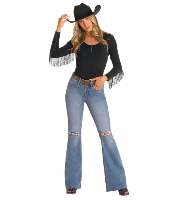 Rock & Roll Denim Women's Cowgirl High-Rise Distressed Flare Jeans