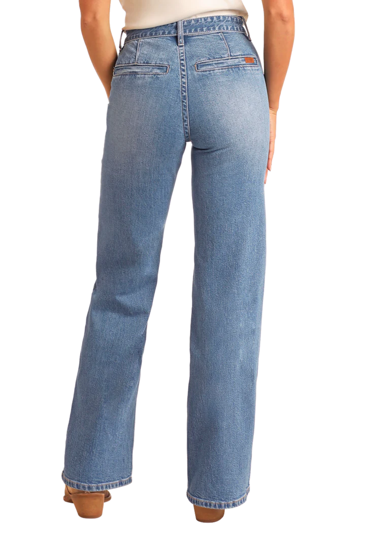 Rock & Roll Denim Women's High Rise Belted Relaxed Flare Jeans