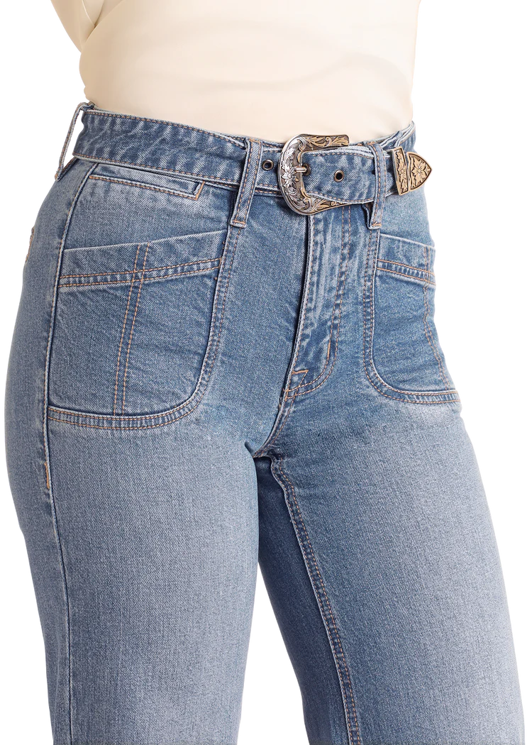 Rock & Roll Denim Women's High Rise Belted Relaxed Flare Jeans