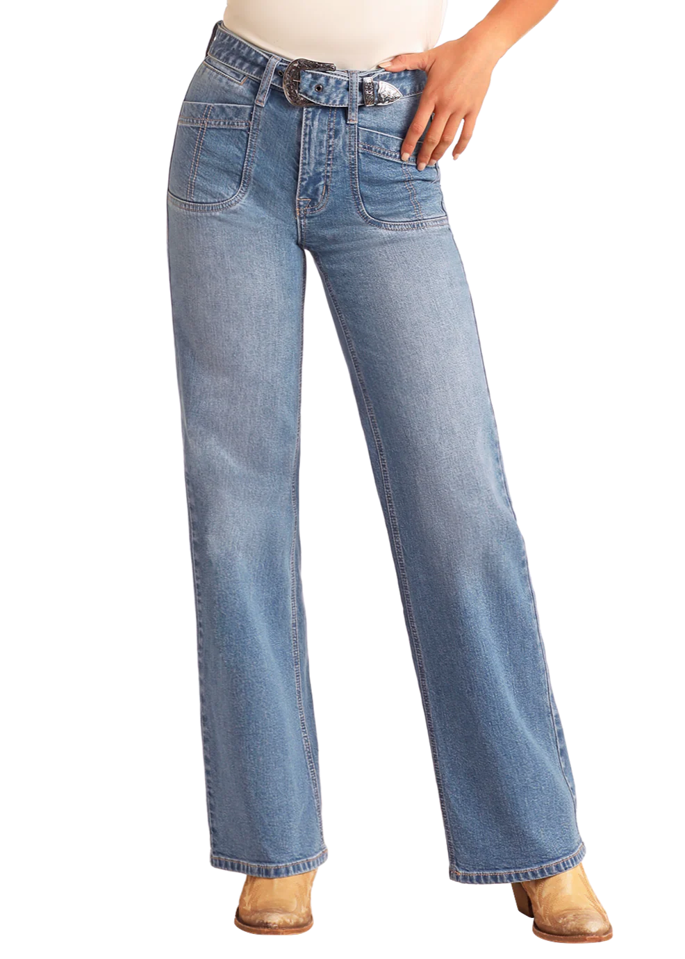 Rock & Roll Denim Women's High Rise Belted Relaxed Flare Jeans