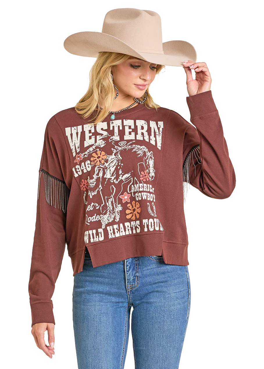 Rock and Roll Denim Women's Chain Fringe Western Graphic Pullover