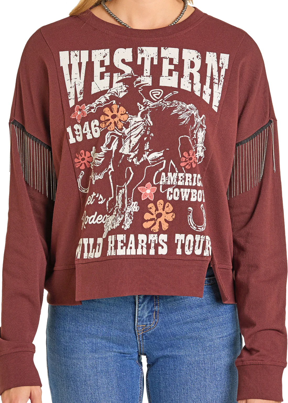 Rock and Roll Denim Women's Chain Fringe Western Graphic Pullover
