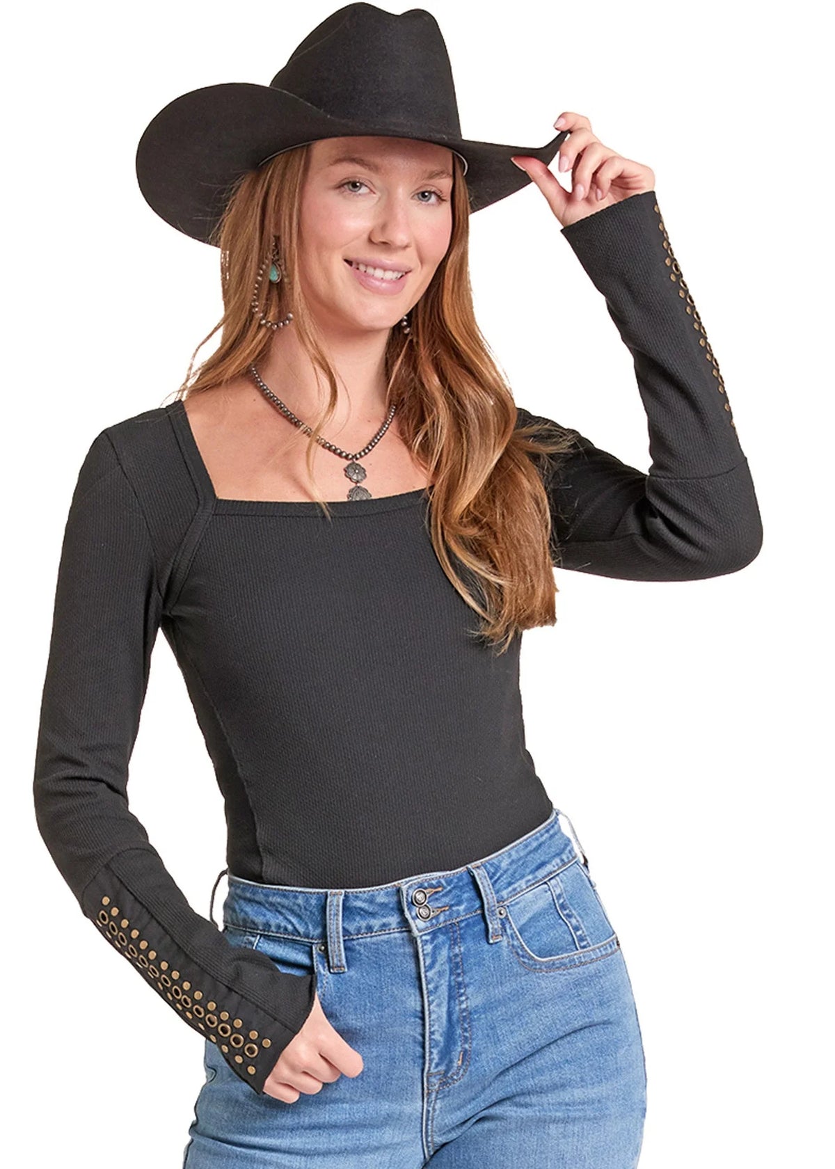 Rock & Roll Denim Women's Grommet Long Sleeve Knit Top