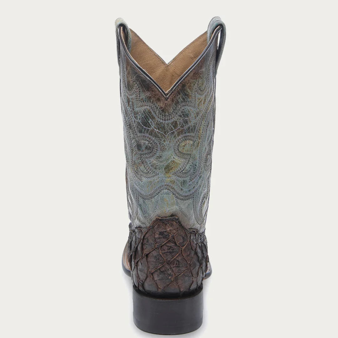 Corral Men's Tobacco Fish Pirarucu Faded Turquoise Wide Square Toe Cowboy Boot