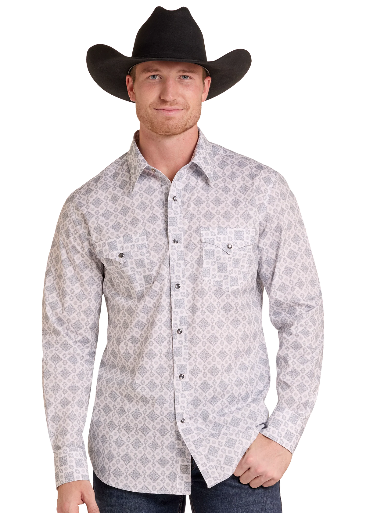 Rock & Roll Denim Men's White Medallion Print Long Sleeve Snap Shirt
