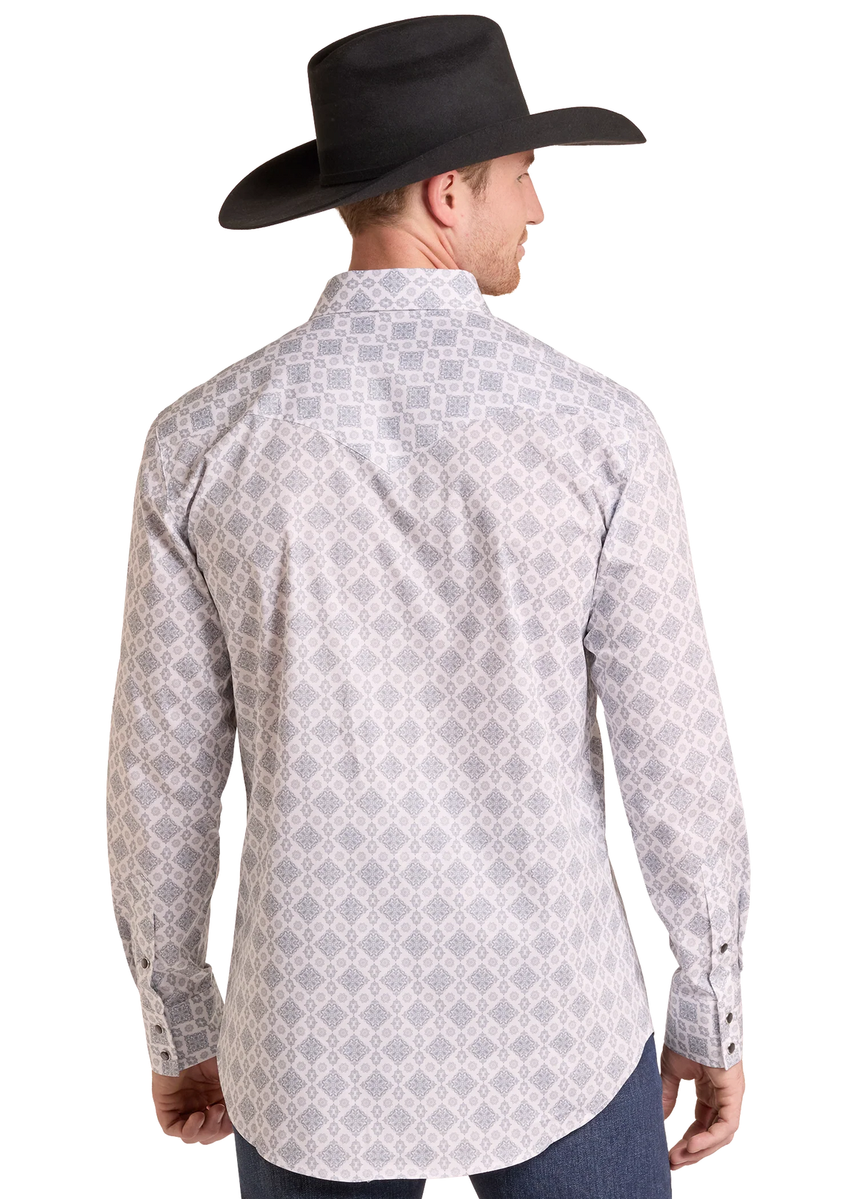 Rock & Roll Denim Men's White Medallion Print Long Sleeve Snap Shirt