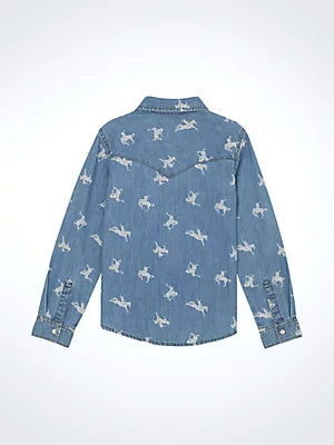 Wrangler Girls Printed Denim Western Snap Shirt