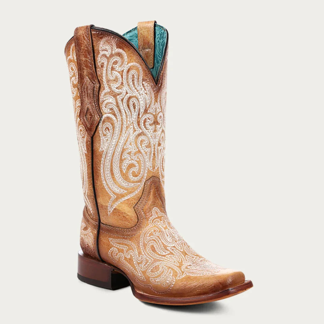 Corral Women's Blue Luminescent Embroidery Straw Square Toe Cowboy Boots