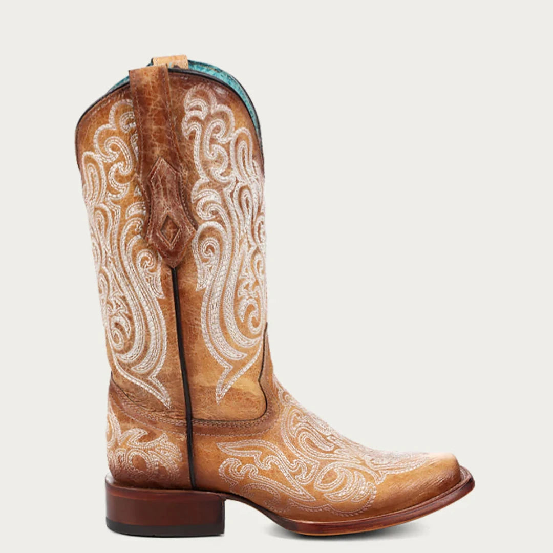 Corral Women's Blue Luminescent Embroidery Straw Square Toe Cowboy Boots