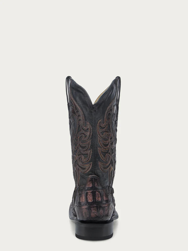 Corral Men's Caiman Embroidery and Overlay Chocolate Wide Square Toe Cowboy Boot