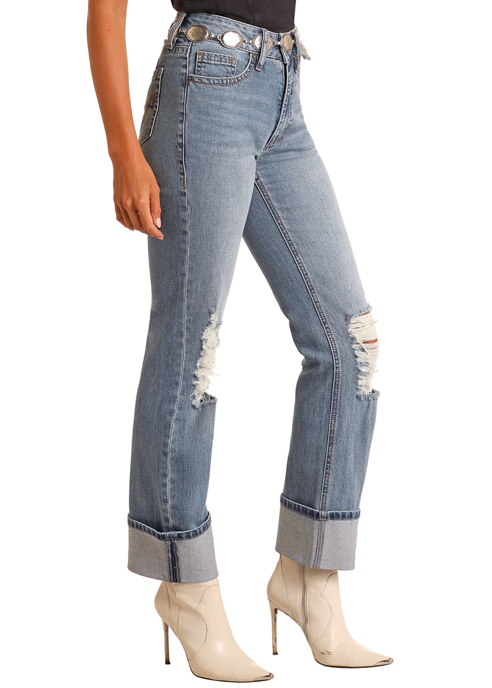 Rock & Roll Denim Women's Mid Rise Distressed Modest Bootcut Jeans