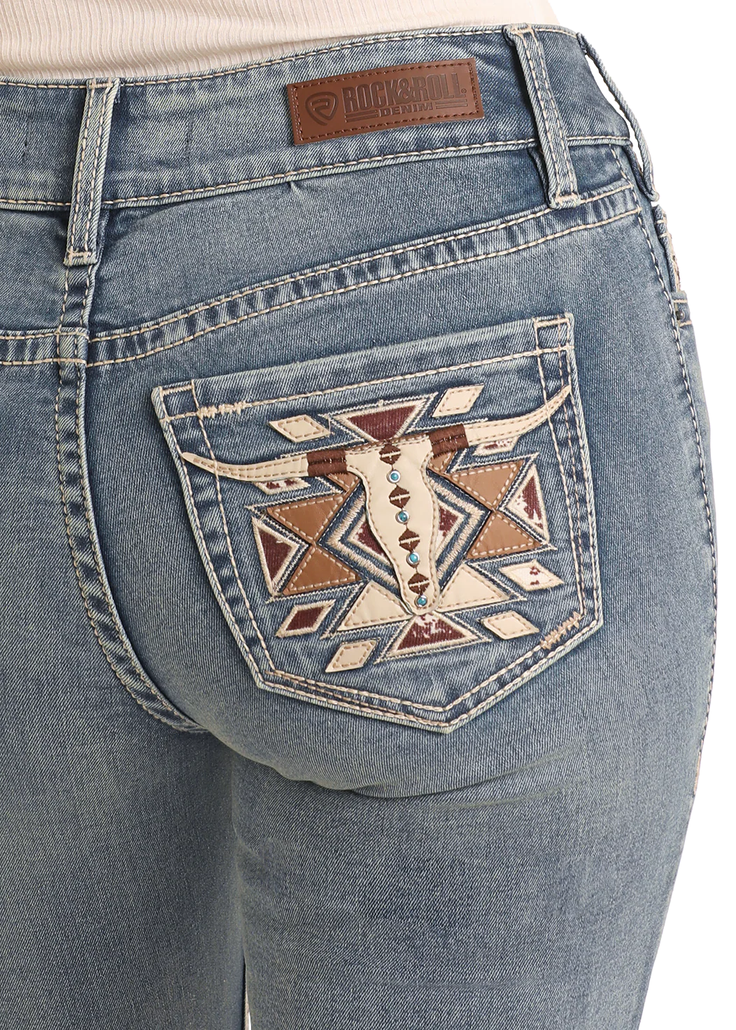 Rock & Roll Denim Women's Mid-Rise Steer Head Embroidered Boot cut Jeans