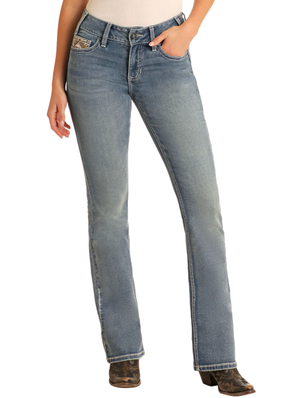 Rock & Roll Denim Women's Mid-Rise Steer Head Embroidered Boot cut Jeans