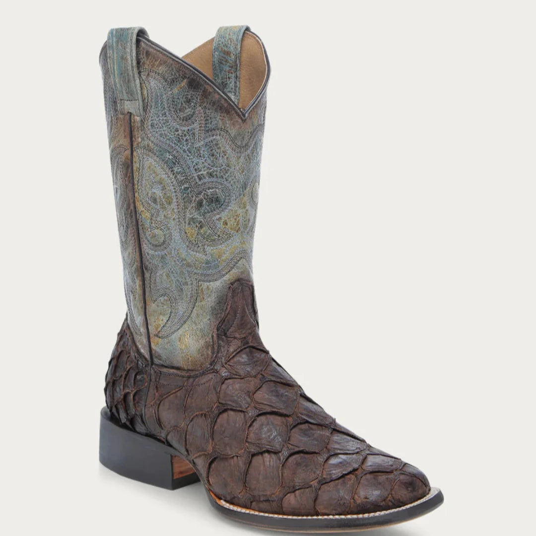 Corral Men's Tobacco Fish Pirarucu Faded Turquoise Wide Square Toe Cowboy Boot