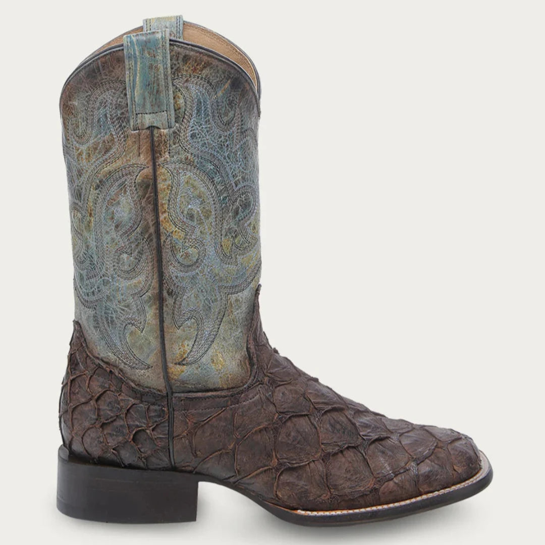 Corral Men's Tobacco Fish Pirarucu Faded Turquoise Wide Square Toe Cowboy Boot