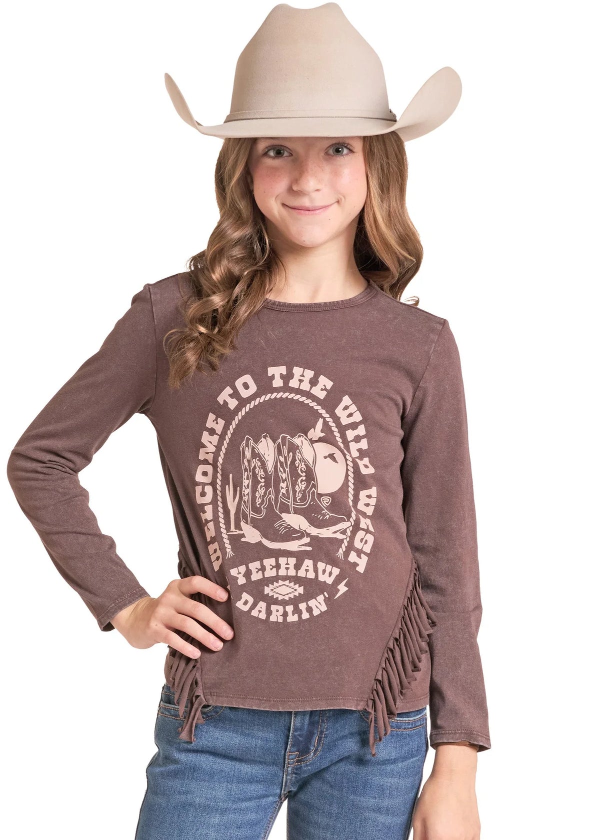 Rock & Roll Denim Girls Graphic Fringe Long Sleeve Top