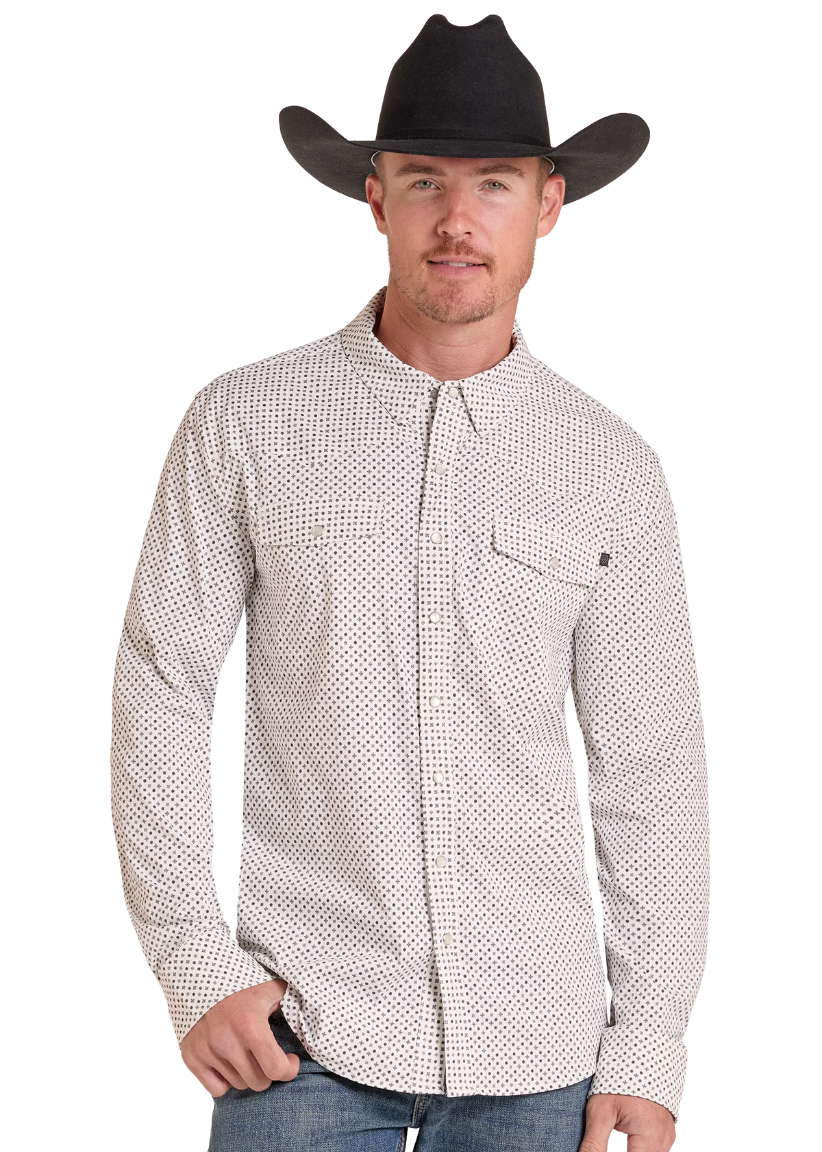 Rock & Roll Denim Men's White Micro Geo Print TEK Long Sleeve Shirt