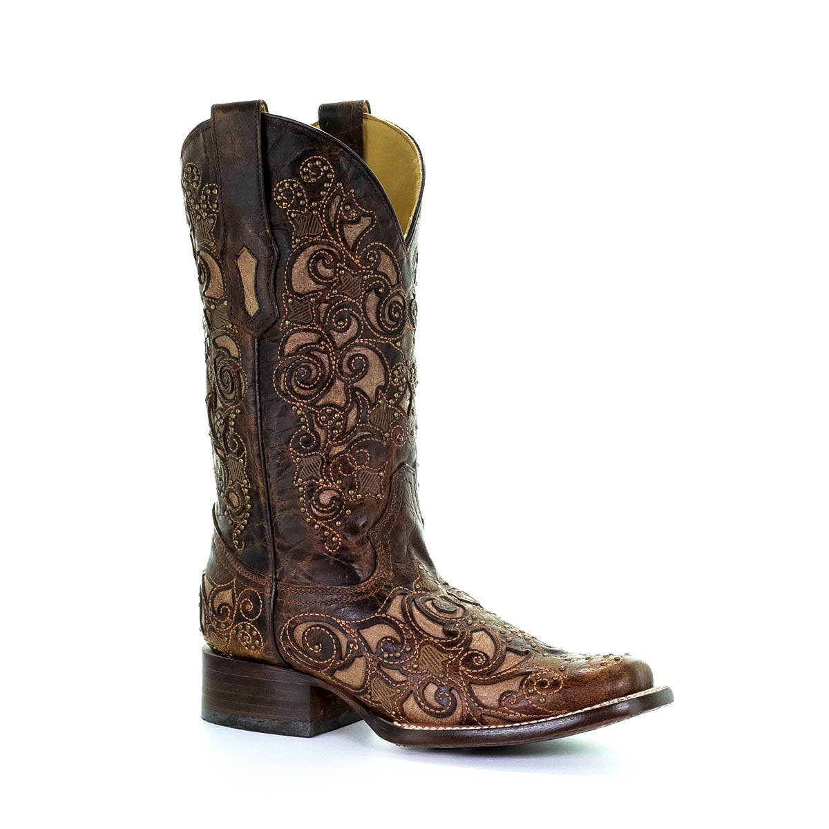 Corral Women's Brown Inlay, Studs, and Embroidery Square Toe Western Boot